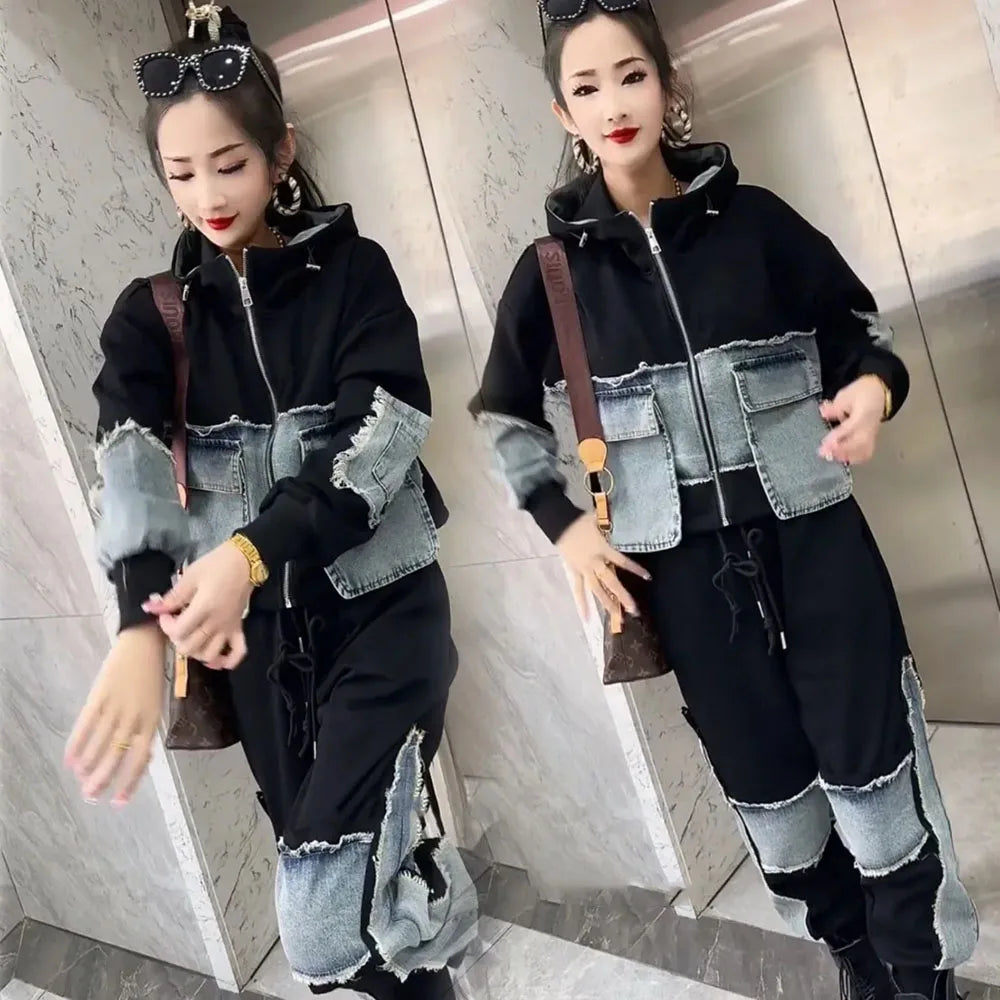 Autumn Denim Women's Pant Set Splice Fashion Loose Oversized Hooded Jacket + Pencil Jeans Two Piece Sets 6XL Trousers Suits 2024
