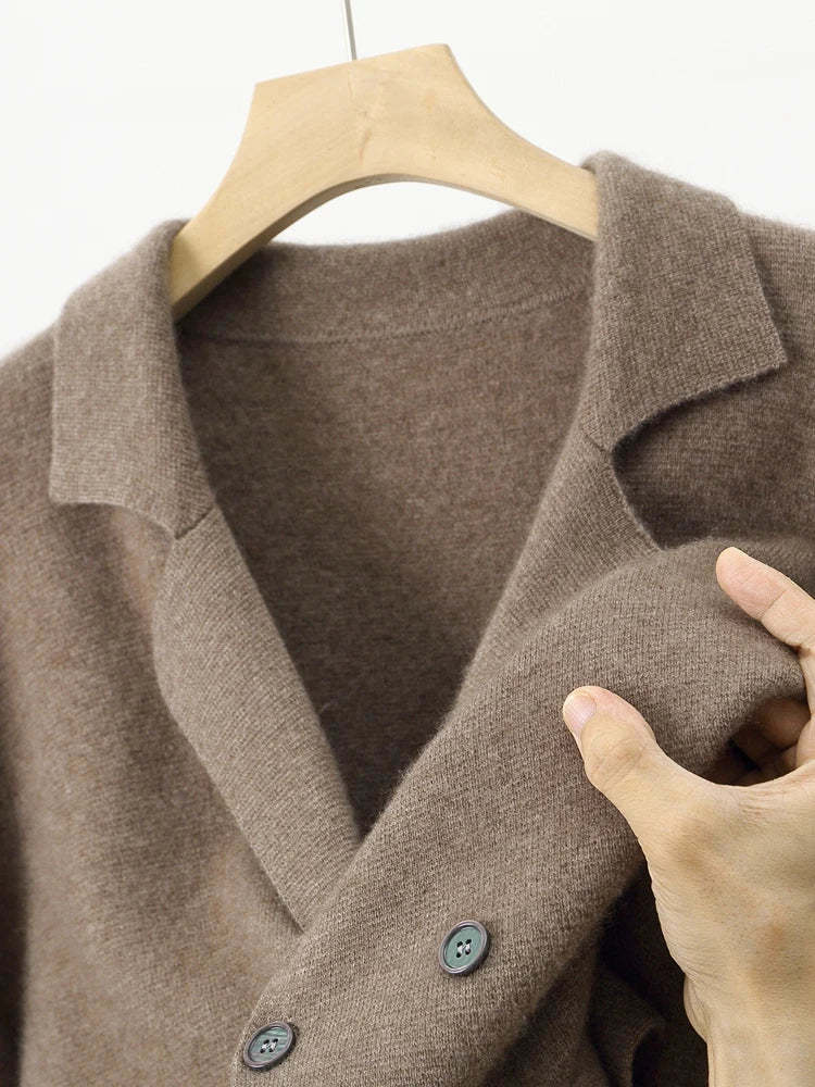 100% Merino Wool Sweater Men's Suit Collar Cardigan Smart Casual Knitwear Autumn Winter Cashmere Solid Coat Pockets Clothing Top