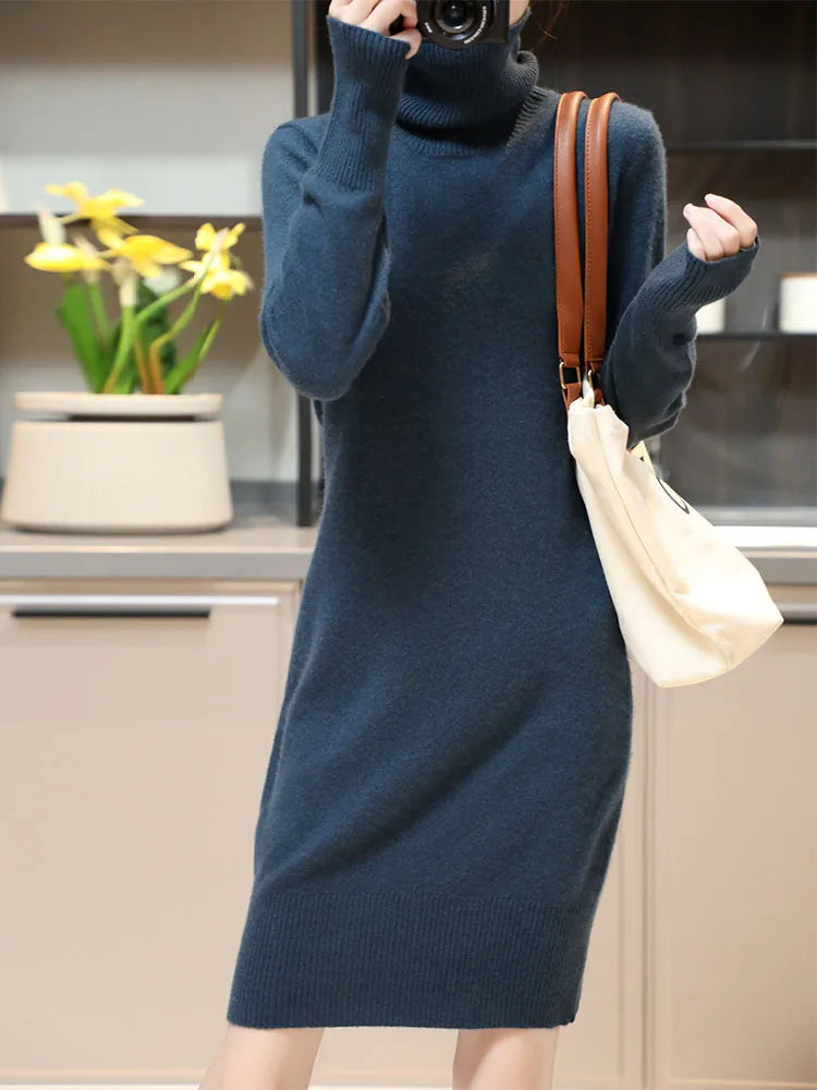 Elegant Cashmere Sweater Womens Dresses 100% Merino Wool Autumn Winter Turtleneck Knitted Dress Female Casual Long-Sleeve Skirts