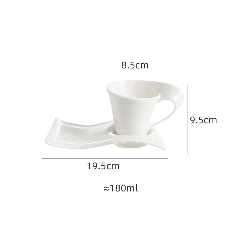 European Ceramic CoffeeCups Set with Wave Shape Plate 80 100 180 and 280ml Modern Minimalist White Cappuccino Latte Dessert Dish