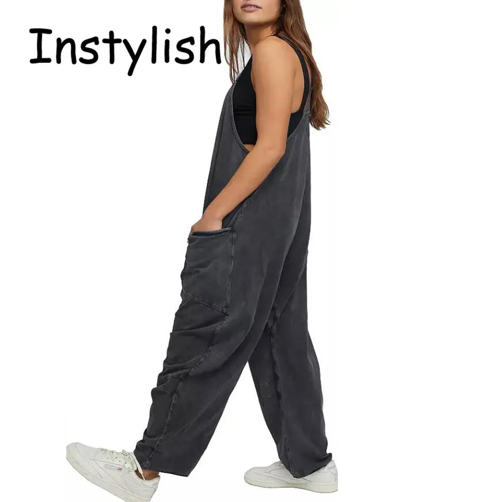 Women Casual Spaghetti Strap Sleeveless Jumpsuit Vintage Harajuku Wide Leg Loose Pants Summer Solid Oversize Overalls Rompers