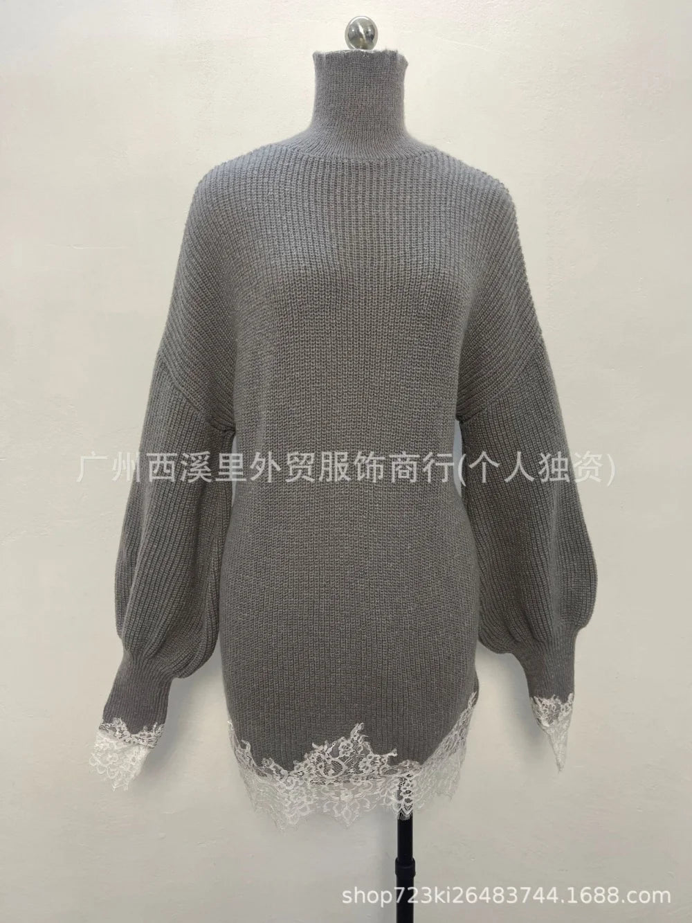 Fall Winter Women Oversized Turtleneck Knit Sweater Dress Lantern Long Sleeve Lace Trim Irregular Hem Loose Pullover Mini Dress