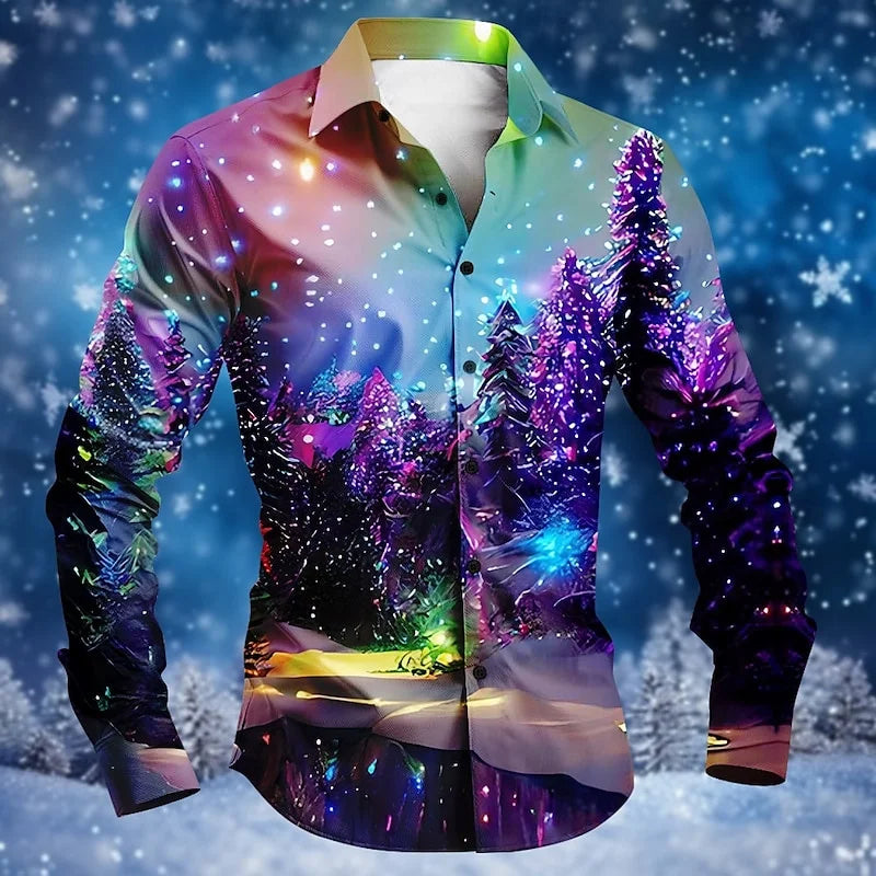 Christmas Fireworks: Santa Print Men's Long Sleeve Shirt, Men's Fashionable Party Christmas Shirt, Four Seasons Casual Men's Shi