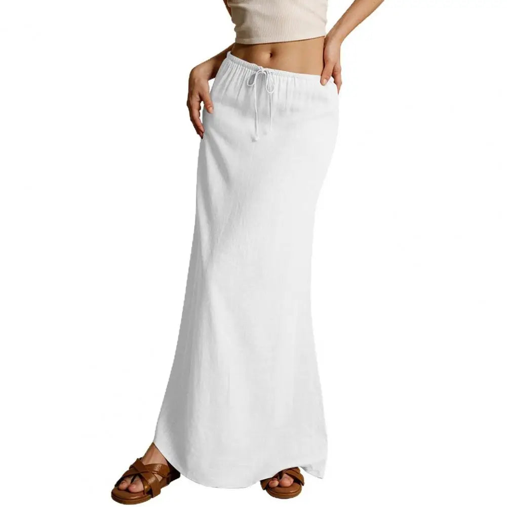 Summer Women Maxi Skirt Mid-rise A-Line Drawstring Solid Color Long Lady Skirt Work Leisure Daily Wear