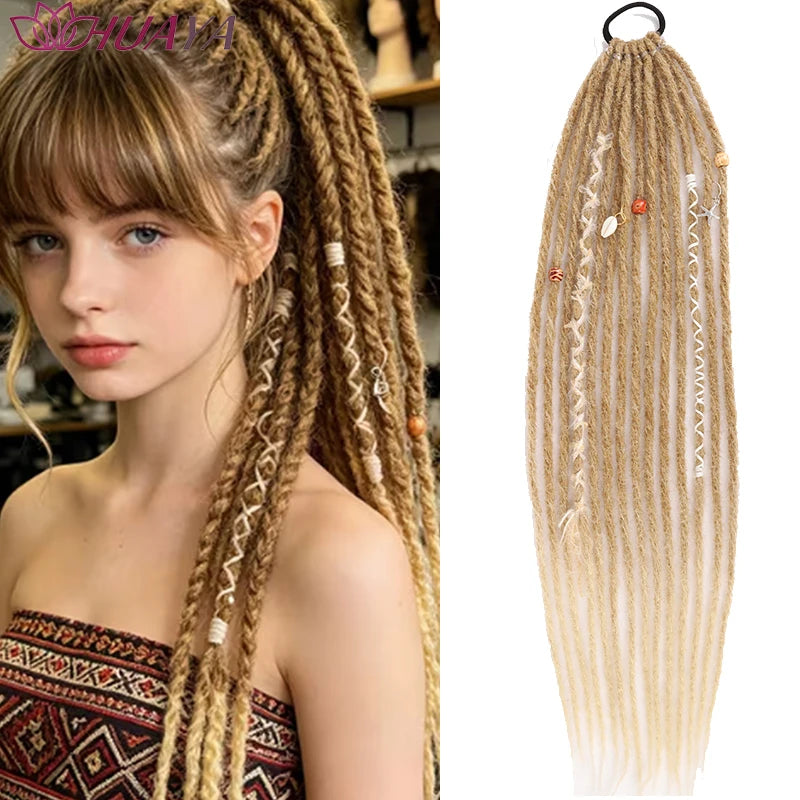24 Inch Dreadlocks Ponytail Hair Extensions Synthetic Fibers Boho Braided Hairpieces With Beads Festival Cosplay Easy Wear