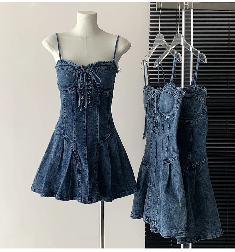 Sexy Mini Spaghetti Strap Lace-Up Jeans Dress Women 2024 New Trendy Summer Girls Dress Fashion Ripped Tassel Denim Dress Female