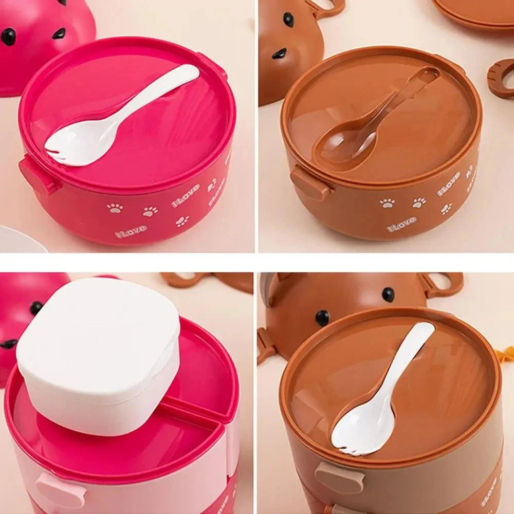 Eyeglass Bear Thermal Bento Box Stackable Bento Box Portable Cute Cartoon Children Lunch Box Double Layer Food Storage Container