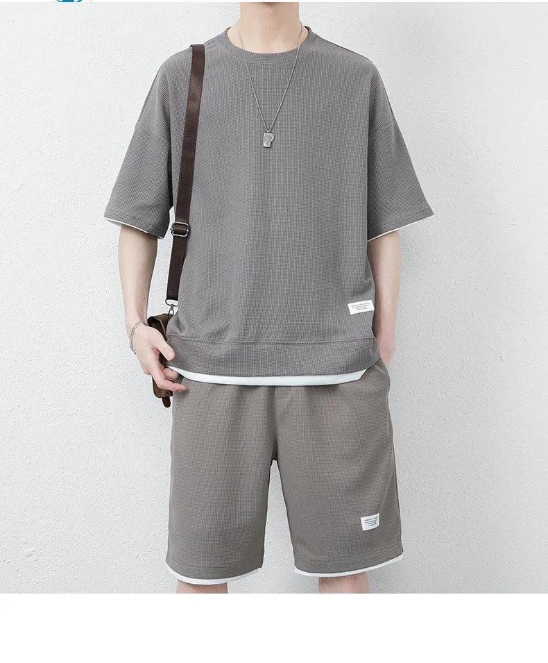 Summer Solid Waffle Tracksuits 2026 Men's Short Sleeve Shorts Casual Two Piece Sets Loose Breathable Men Clothes Joggers Outfits