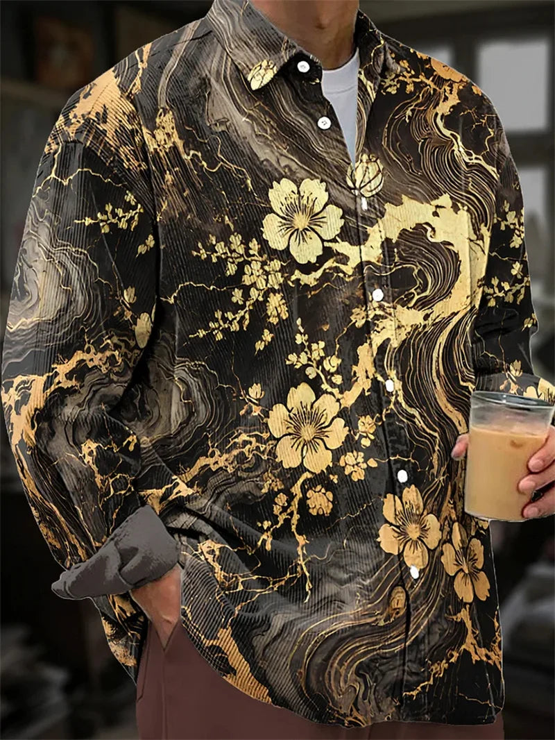 New Men's Linen Long Sleeve Shirt Flower 3D Flower Print Yellow Long Sleeve Lapel Clothing Fashion Designer Casual