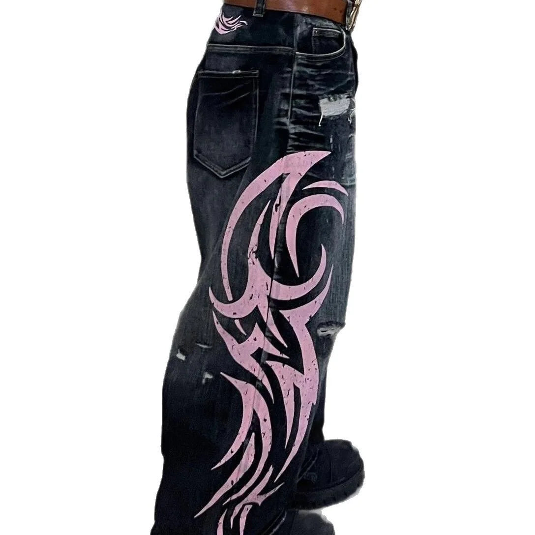 Mottled Totem Print Loose Jeans for Women Harajuku Trendy Hip-Hop Jeans Y2K American Retro High-Waist Wide-Leg Jeans for Women