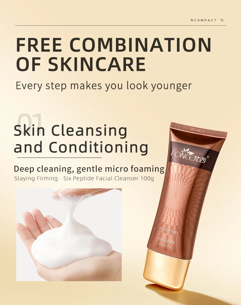 5PCS FONCE Hexapeptide Firming Anti-aging Beauty Set Contains Facial Cleanser Serum Toner Anti-Wrinkle Cream Women Face Care Kit