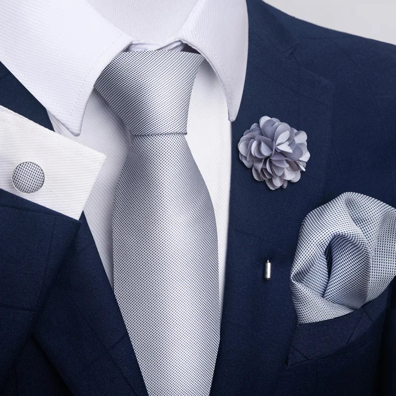 Hot Sale Luxury 8 Cm Blue Floral Ties Pocket Square Cufflinks Brooch Set For Man Suit Accessories Holiday Gift Fit Formal Party