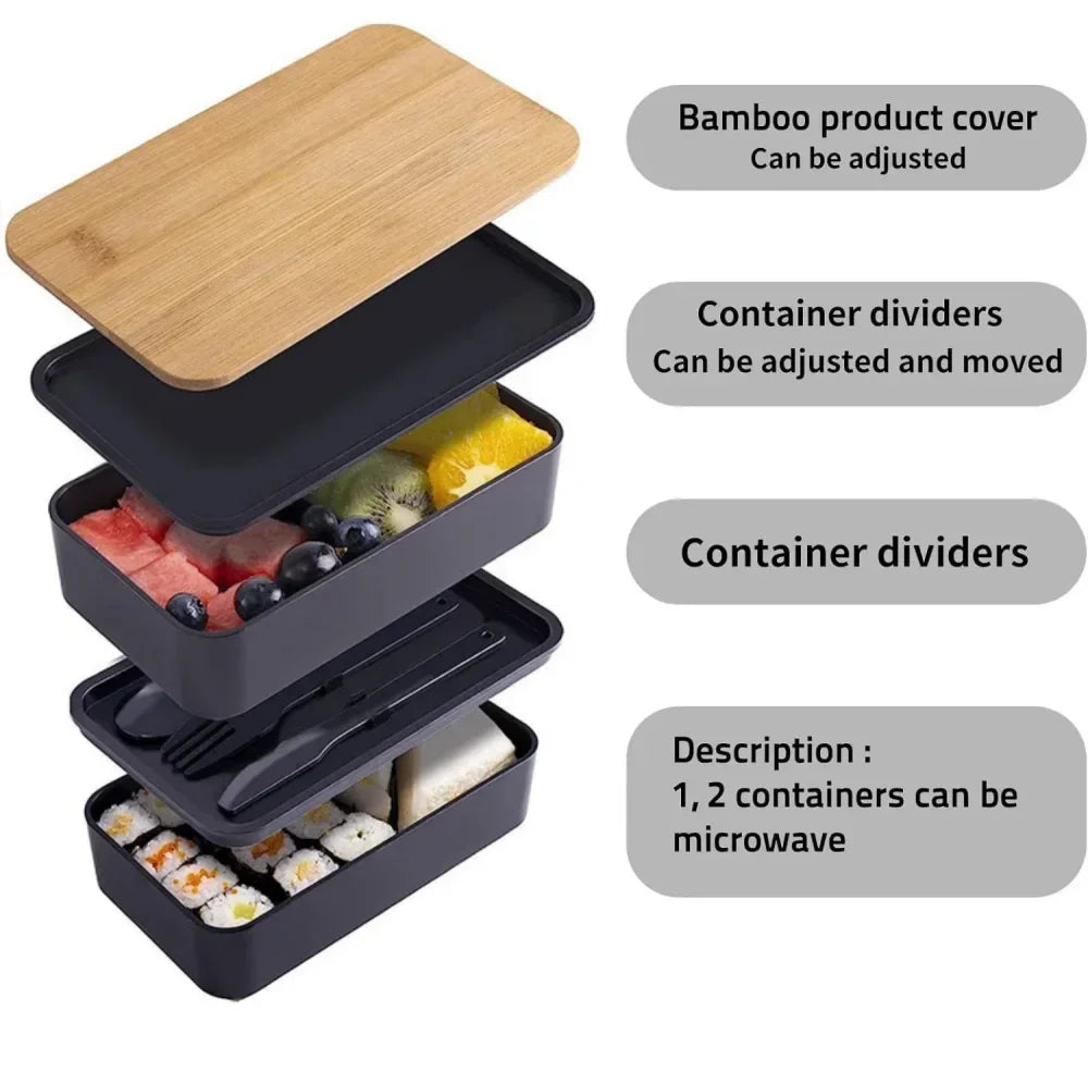 Adult Bento Lunch Box, 2-Tier Food Storage Container Set with Cutlery for Kids/children, Crisper Microwave and Dishwasher Safe