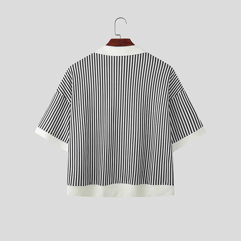 INCERUN Men Shirt Striped Patchwork Lapel Short Sleeve Casual Men Clothing Summer Color-block Fashion Leisure Tops Male Shirts
