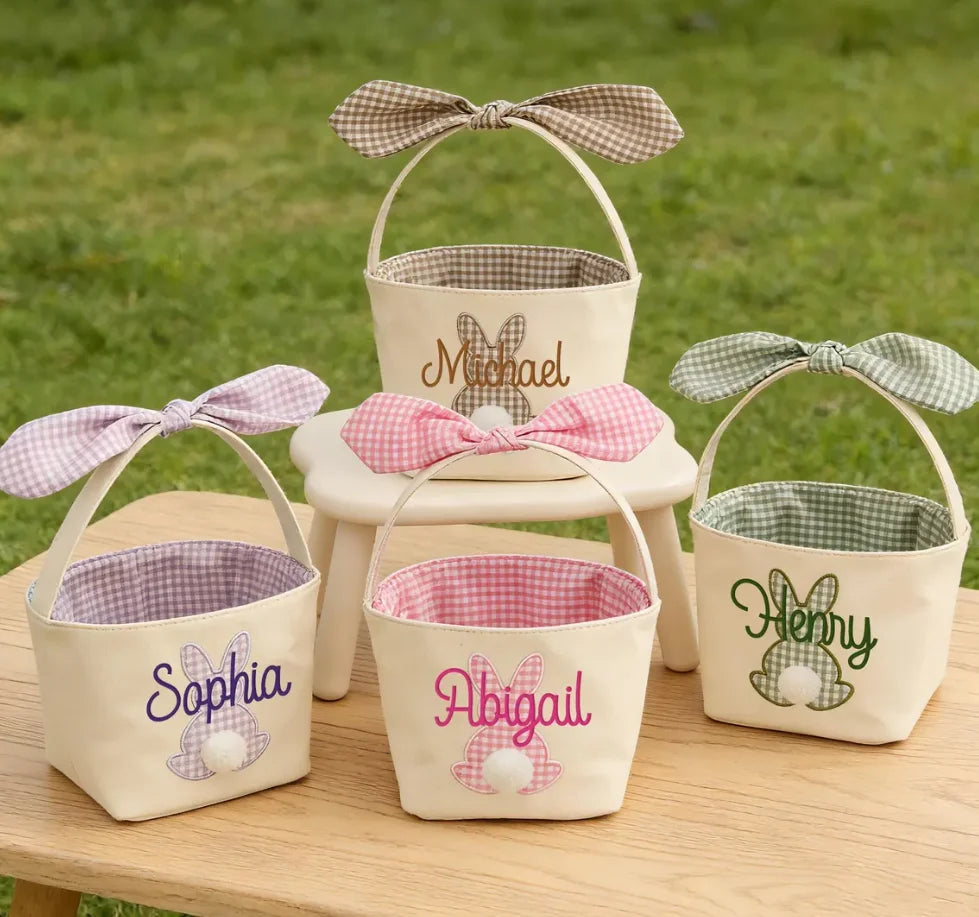 Personalized Easter Basket, Custom Embroidered Name, Bunny Rabbit Basket, Easter Egg Hunt Basket, Easter Gift for Kids