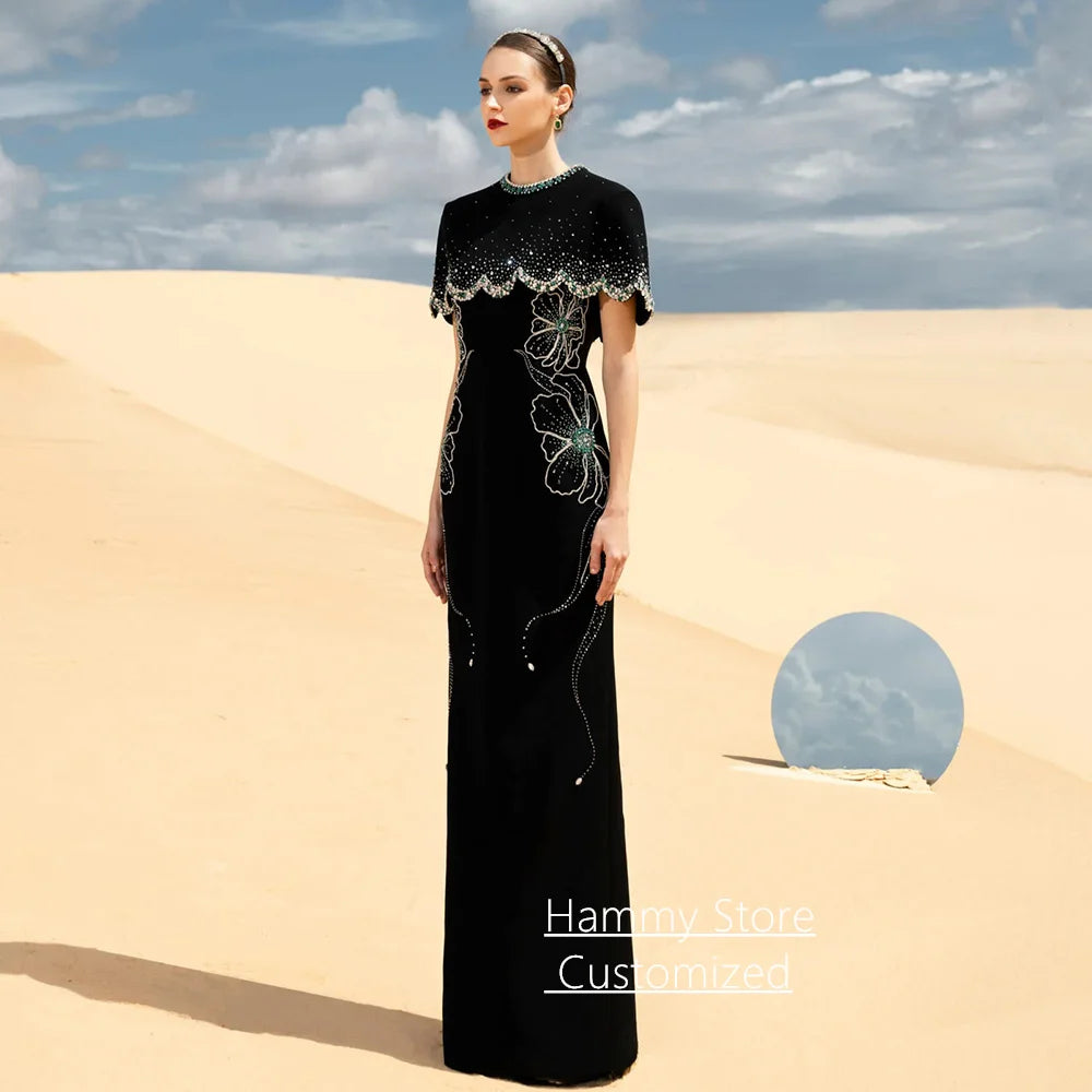 Luxury Evening Dress Customized Round Neck Sleeveless Beading Stone Engagement Dresses Wedding Party Gown with Cape