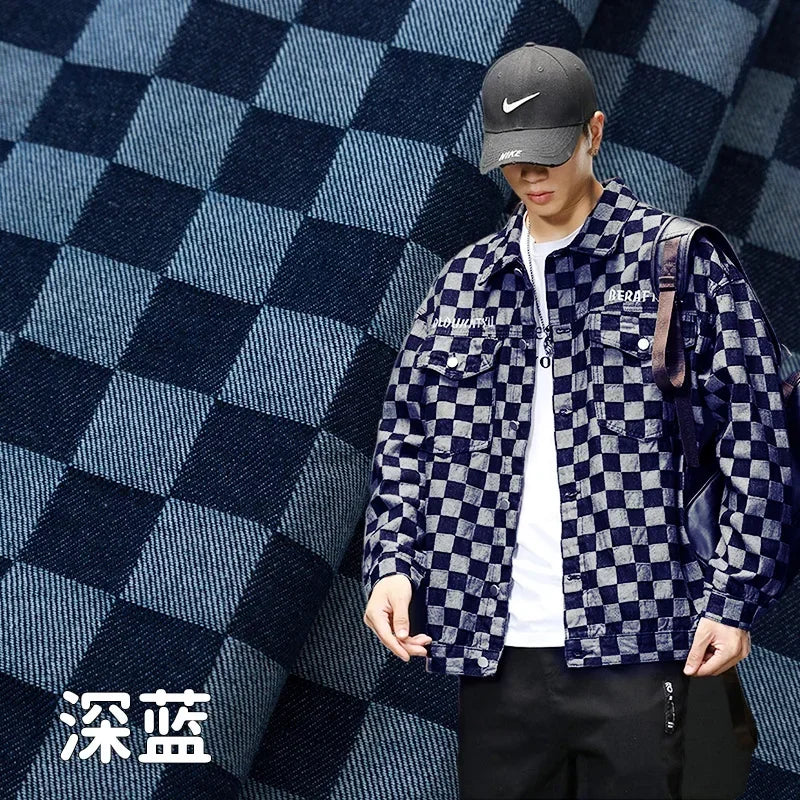 100% Cotton Jacquard Denim Fabric Plaid Jeans By The Meter for Dress Shirt Designer Clothing Sewing Washed Thickened Cloth Blue