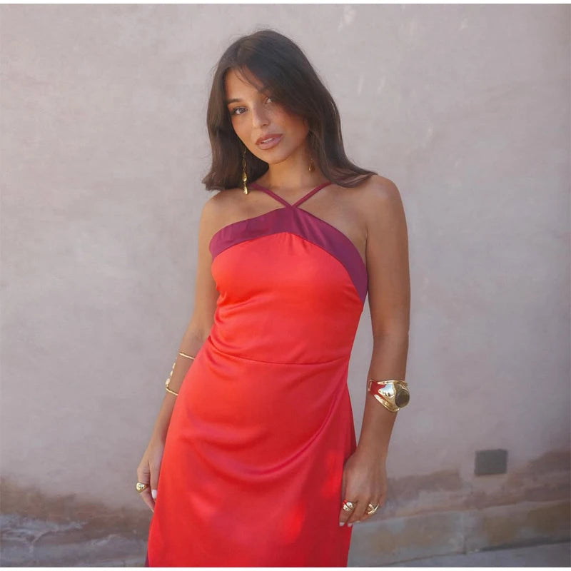  Women Sexy Color Blocking Halter Maxi Dresses Elegant Backless Off shoulder Sleeveless Slim Gowns 2026 New Lady Party Vestidos