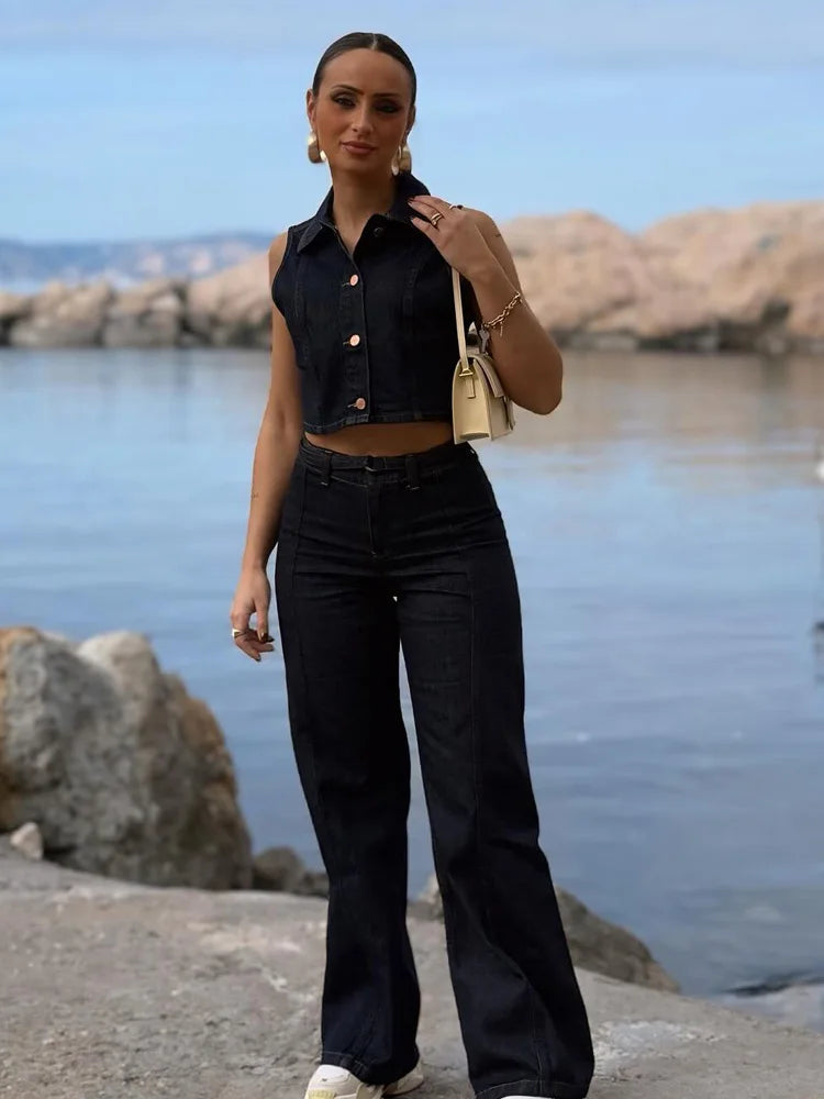 HH Women Turn-down Collar Single-breasted Sleeveless Denim Vest Top+High Waist Pocket Zipper Belt Flared Jeans 2 Piece Set