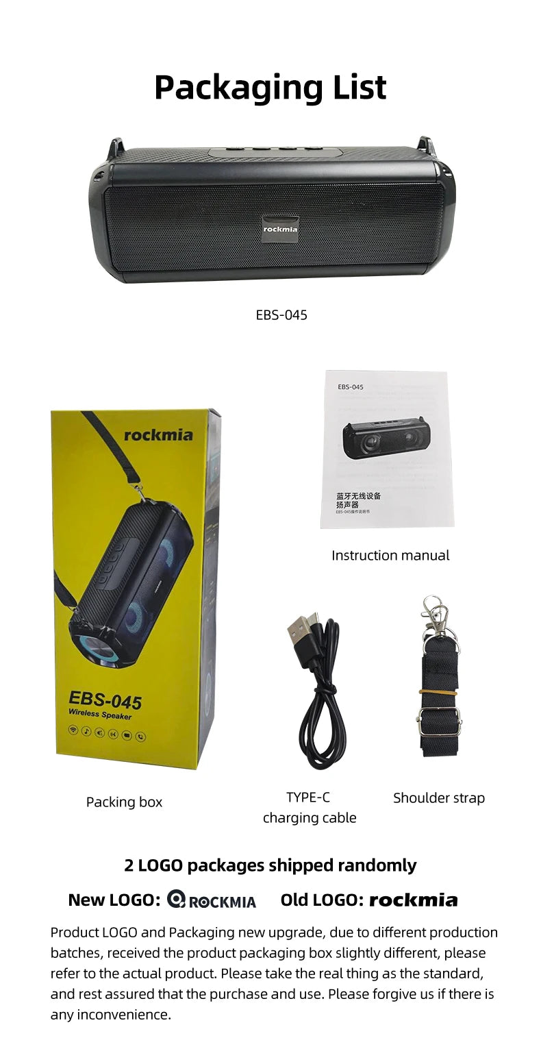 Rockmia EBS-045 Portable Wireless Music Speaker Bluetooth 5.0 RGB LED Lights Microphone TF Card Shoulder Strips