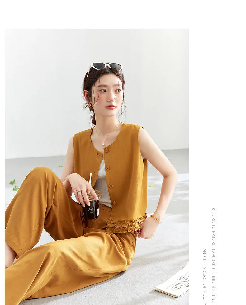 VIMLY Office Two-Piece Set Women 2026 Summer New Fashion Ruffle Hem Cropped Sleeveless Vest Wide Leg Pants Casual Outfit A6153