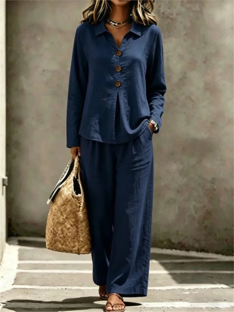 Women Solid Casual Two-piece Sets Autumn Lapel V-neck Button Long Sleeve Shirt Top & Wide-leg Pants Suit 2026 Commuting Outfits