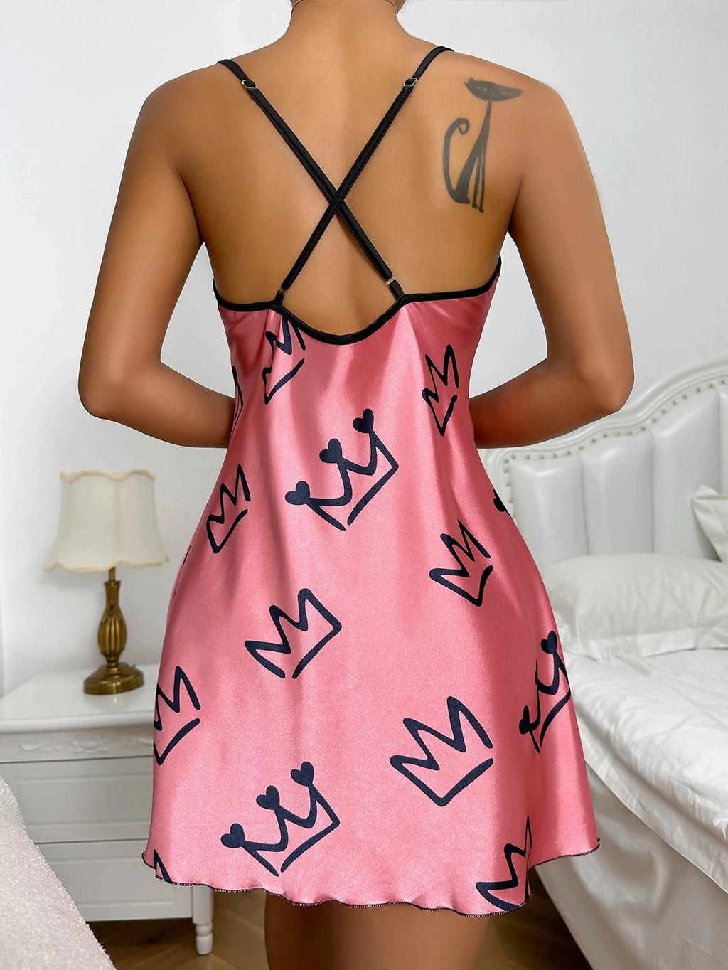 Heart Print Nightdress Elegant Scoop Neck Criss Cross Back Sleep Dress Women's Sleepwear
