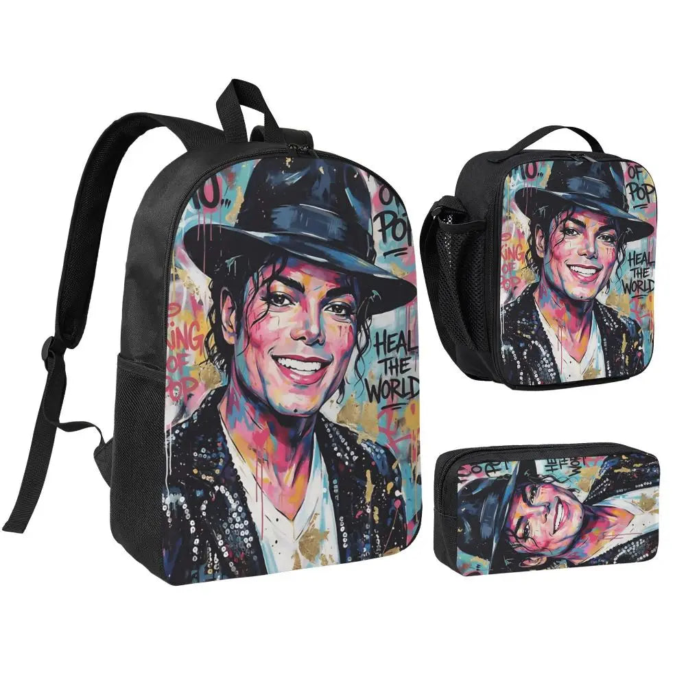 MJ Pop Legend Music 3pecs/set Backpack for Student Shoulder Bag Lunch bag Pencil Case