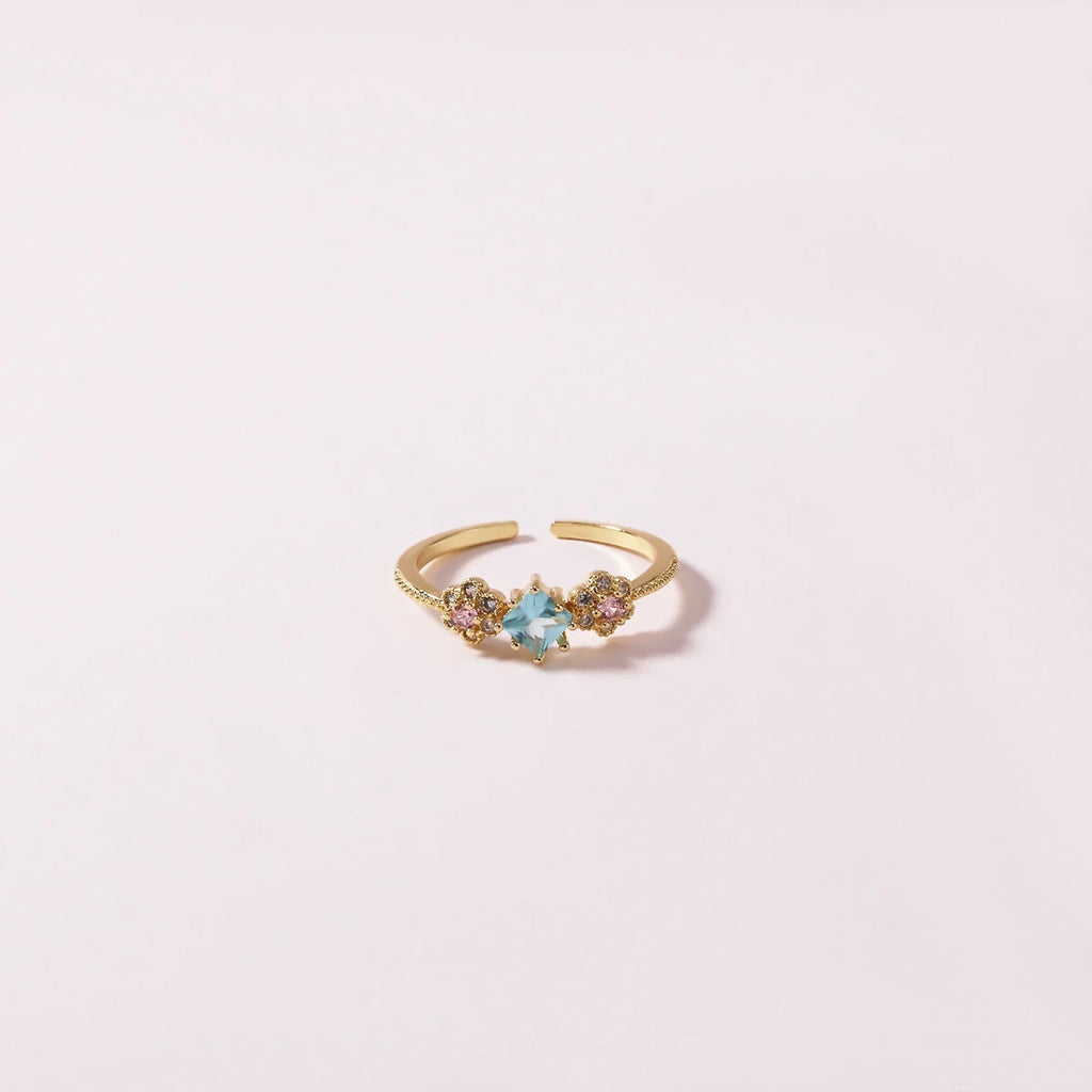 Vintage Blue Crystal Bow Knot Rings Women Gold Plated Open Adjustable Ring Sweet Heart Zircon Pearl Finger Ring Fashion Jewelry