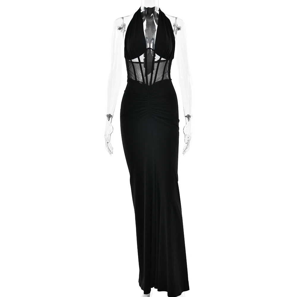Articat Elegant Hanging Neck Elastic Tight Long Dress Women Sexy Deep V Slim Fishbone Party Club Evening Dress Fall New Vestidos