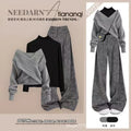 Spring and Autumn New Korean Knitted Sweater Black Base Sweater+Straight Leg Wide Pants 3-Piece Set