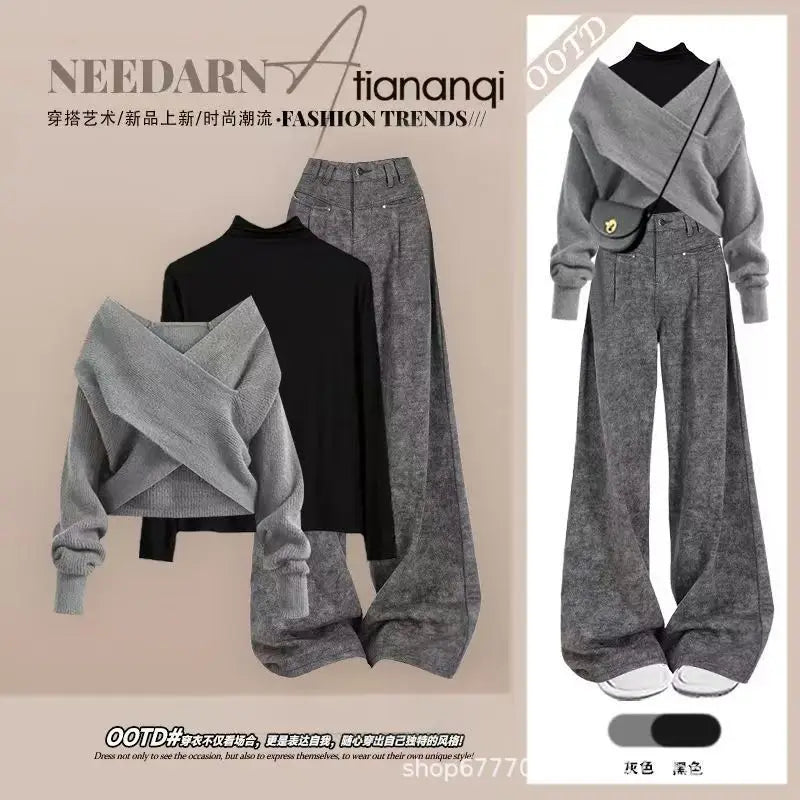 Spring and Autumn New Korean Knitted Sweater Black Base Sweater+Straight Leg Wide Pants 3-Piece Set