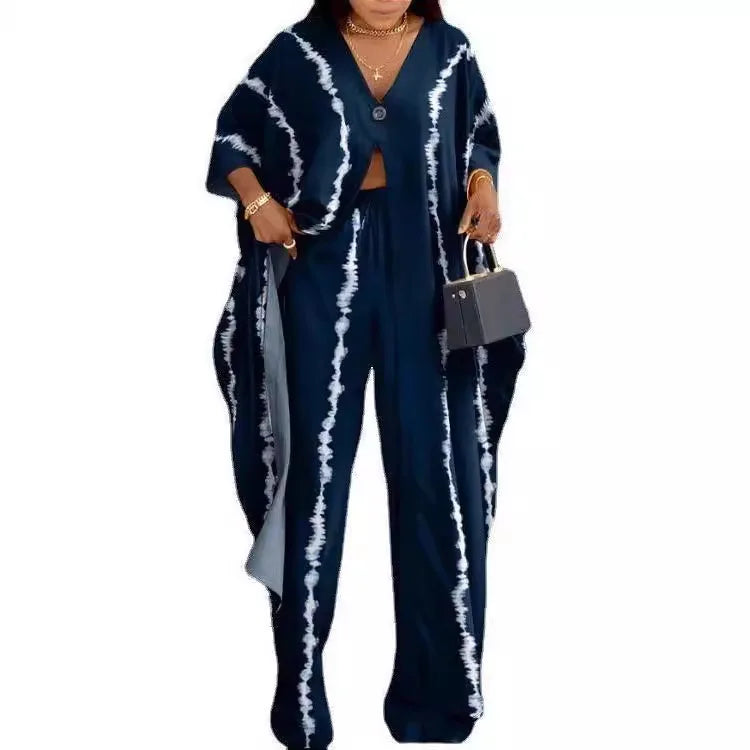 2 Piece Sets Women Print Suit Top Long Robe Wide Leg Pants Outfits Elastic Waist Lace Up Button V Neck Ensemble 2025 Office Lady