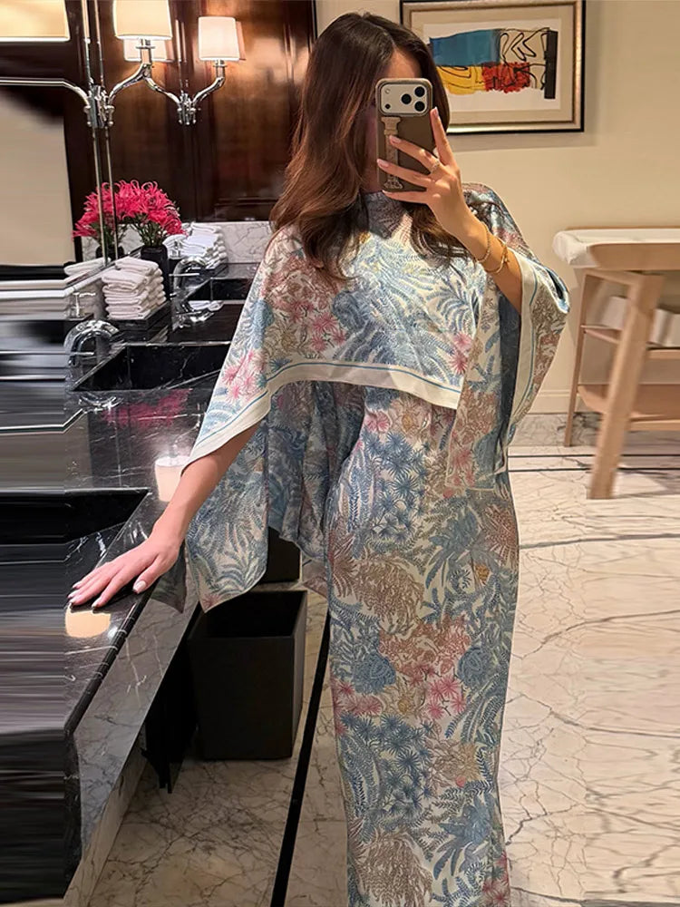 Women Floral Dress With Attached Shawl Cape Overlay Waisted Bodycon Maxi Dresses Fashion Elegant Commute 2026 Summer Autumn Gown