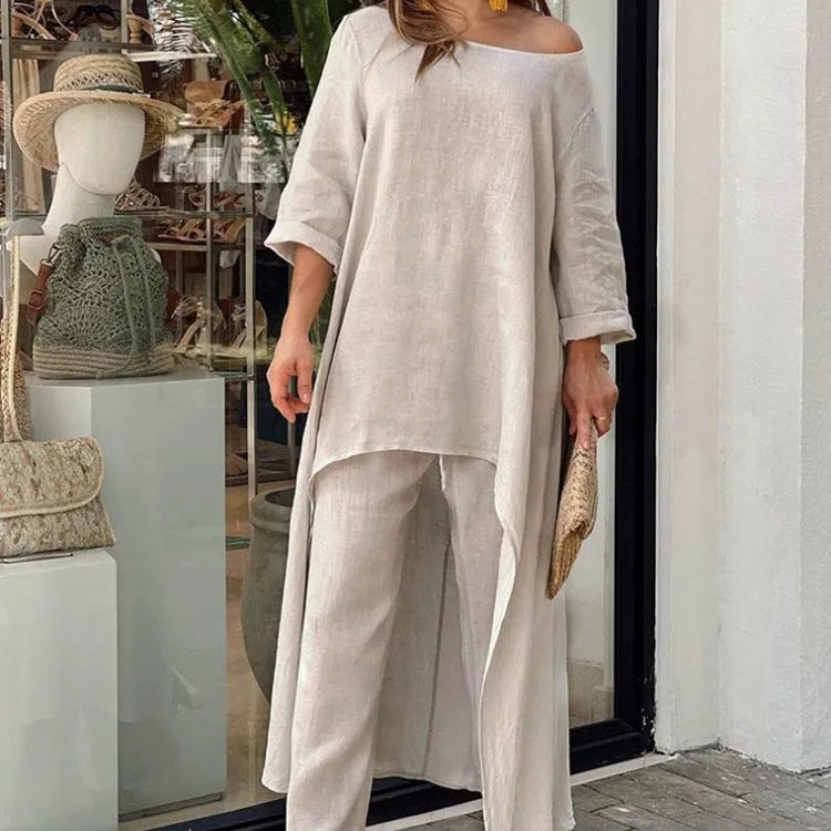 2025 Loose New In Matching Sets Two Piece Outfit 2 Pieces Set For Woman Solid Color Irregular Hem Long Sleeves Wide Legs Trouser