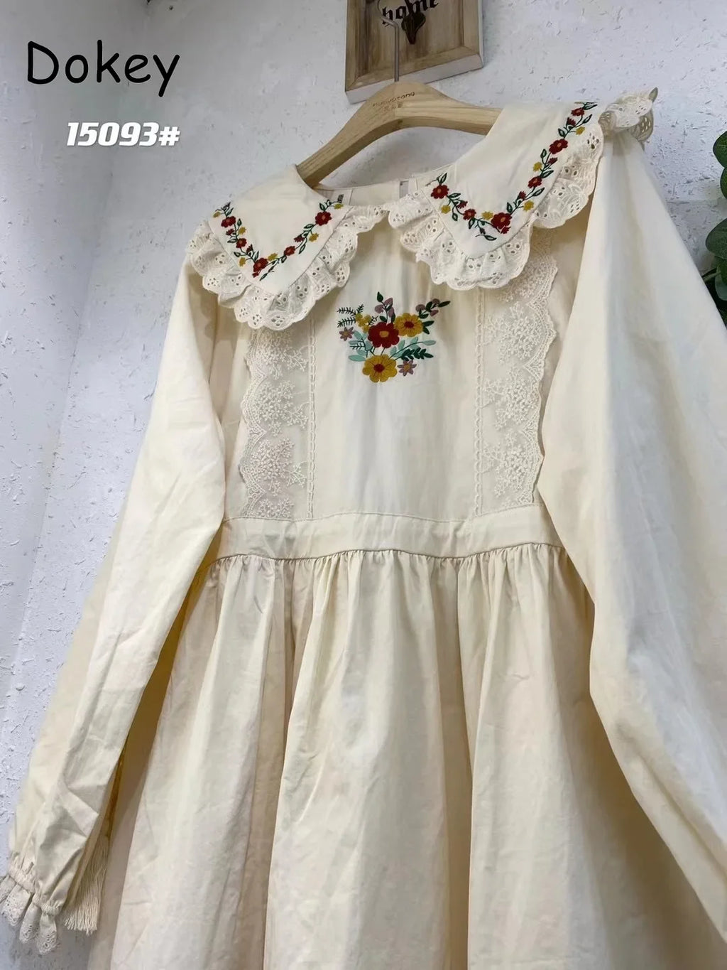 Mori Girl Floral Embroidery Cotton Linen Dress for Women, Autumn Lace, Peter Pan Collar, Kawaii Dress, Casual Long Sleeve Sundre