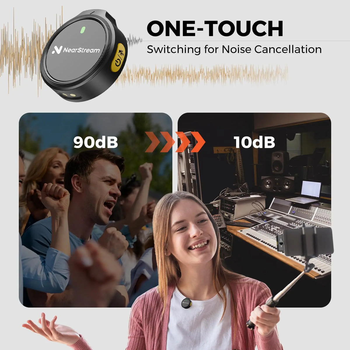 NearStream AWM25T Magnetic Wireless Lavalier Microphone, 1‑to‑2 Dual‑Mic, ENC Noise Cancelling, Low Latency 65Ft, 24H Battery Charging Case, Plug‑Play Lapel Mic for iPhone Android Laptop PC