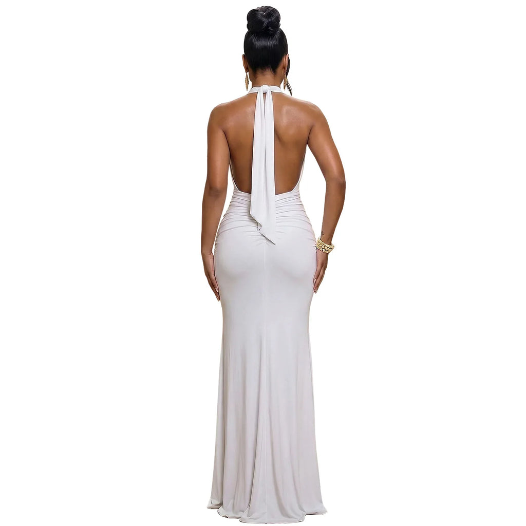 EINY Sexy Women White Halter Maxi Dress Elegant Backless Ruched Bodycon Long Gown Party Club Night Birthday Mermaid Dresses Y2K