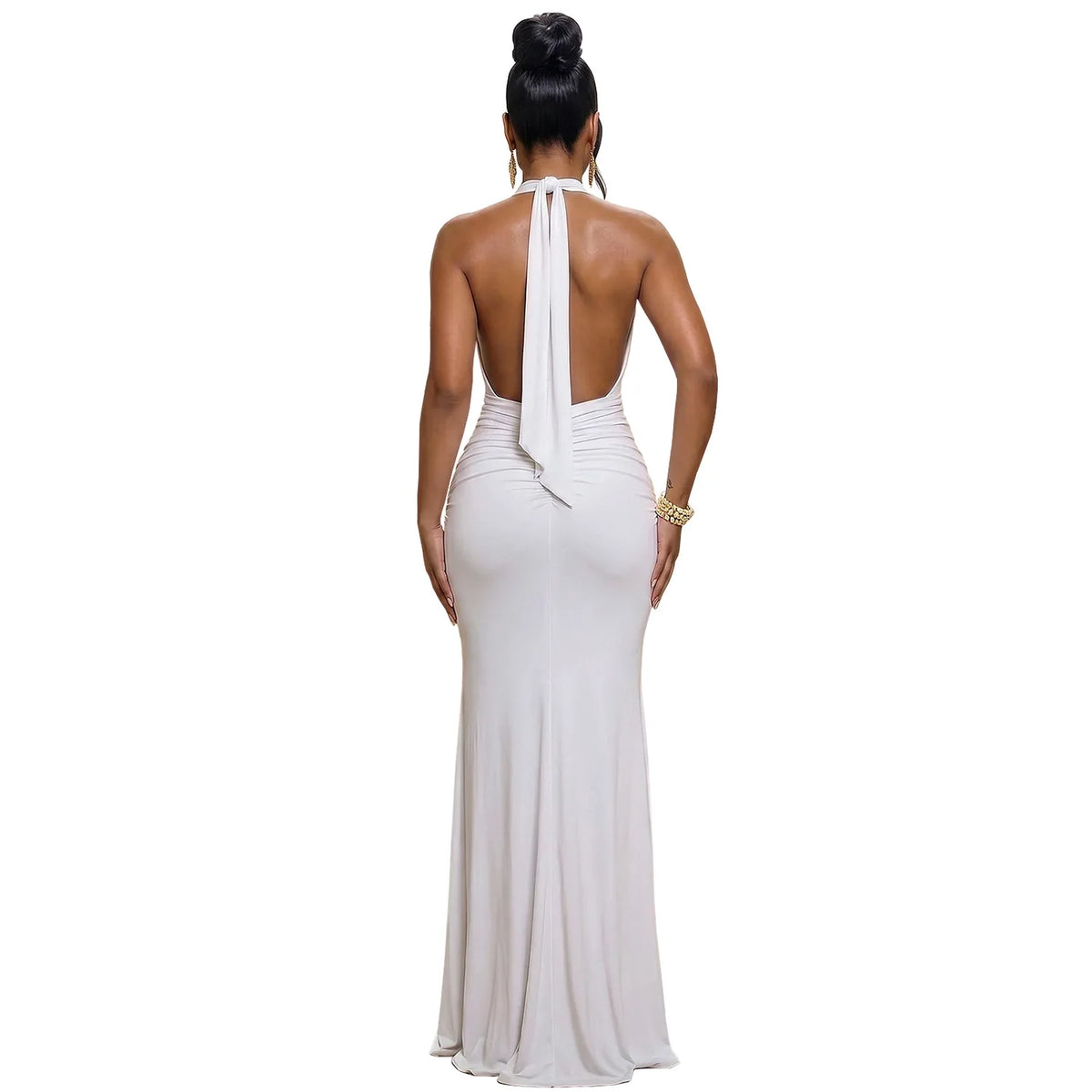 EINY Sexy Women White Halter Maxi Dress Elegant Backless Ruched Bodycon Long Gown Party Club Night Birthday Mermaid Dresses Y2K
