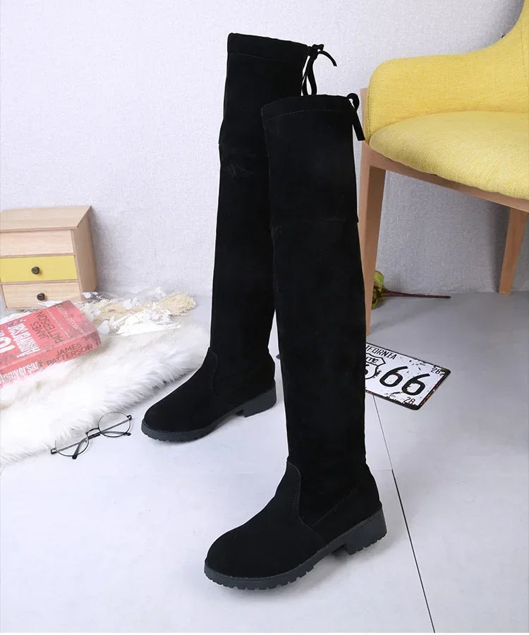 Faux Suede Female Heels Autumn Winter Elastic Knee-high Boots for Women Tube Lace-up Thigh Boots Black Botas