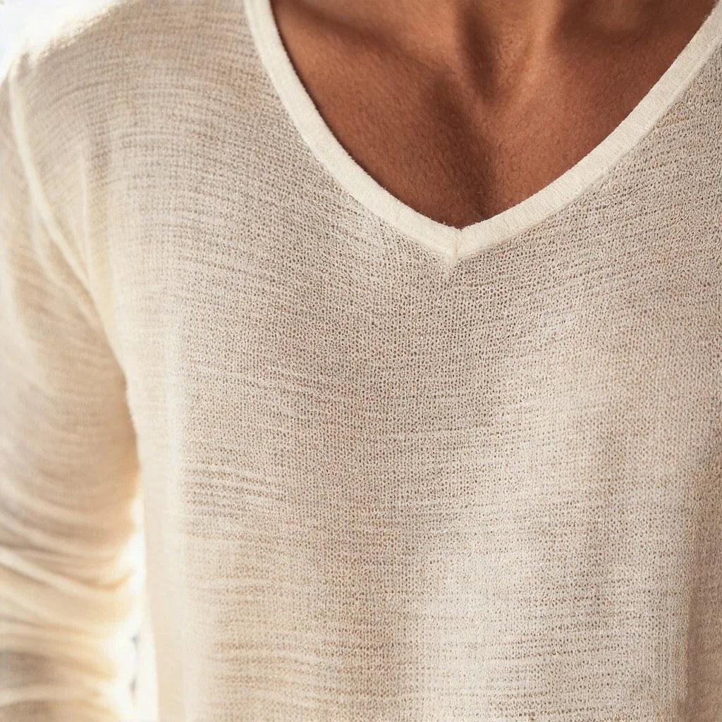 Eu-Size-Men's-Vintage-V-Neck-Long-Sleeve-T-Shirt-2026-Spring-Summer-Solid-Color-Loose-Pullover-Tops-Breathable-Sheer-Tee-For-Men