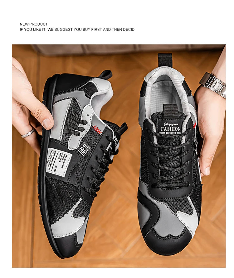 Men's Trendy Black and Gray Color-Blocked Mesh Breathable Casual Sports Shoes, Summer Thin Retro Forrest Gump Shoes, Lightweight Soft-Soled Shock-Absorbing Non-Slip Versatile Wear-Resistant Men's Shoes