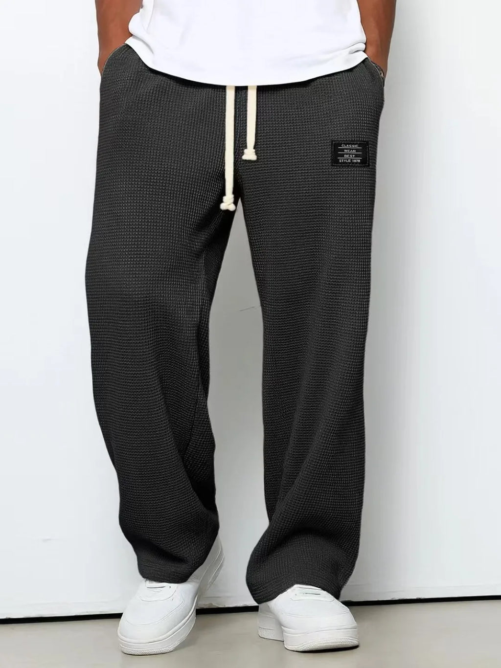 Men's Spring-Autumn Trendy Brand Loose-Fitting Stretchy Straight-Leg Sweatpants. Waffle Fabric. Micro-Bouncy Sporty Casual Pants
