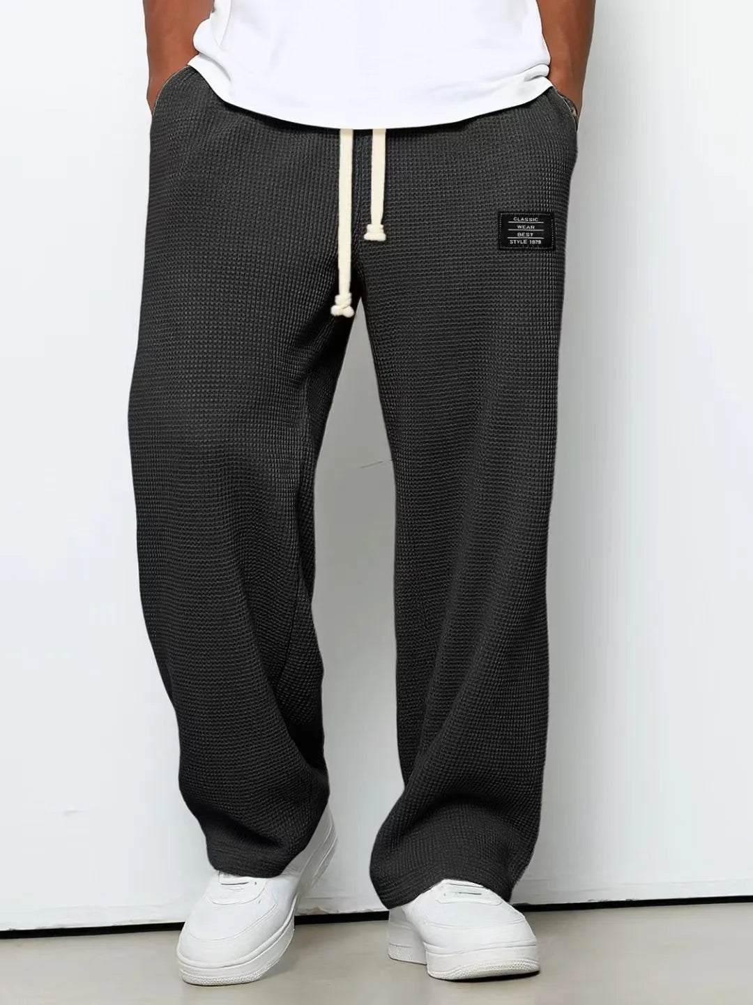 Men's Spring-Autumn Trendy Brand Loose-Fitting Stretchy Straight-Leg Sweatpants. Waffle Fabric. Micro-Bouncy Sporty Casual Pants