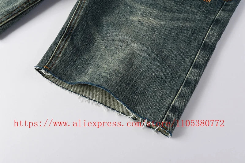 2026 Hot New Men's Blue Acid Washed Denim Shorts Distressed Ripped Embroidered Slim Fit Casual Shorts Streetwear Bottoms
