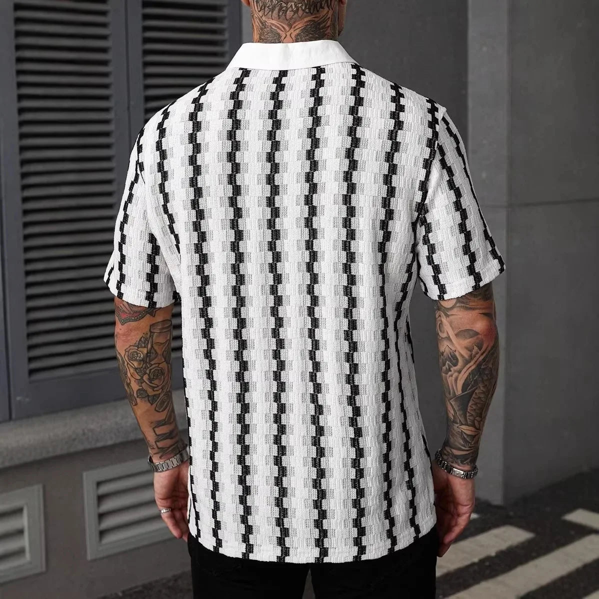 Classic Plaid Striped Knitted Shirt Men Summer Short Sleeve Button Down Turn-down Collar Vintage Slim Fit Knit Cardigan Tops
