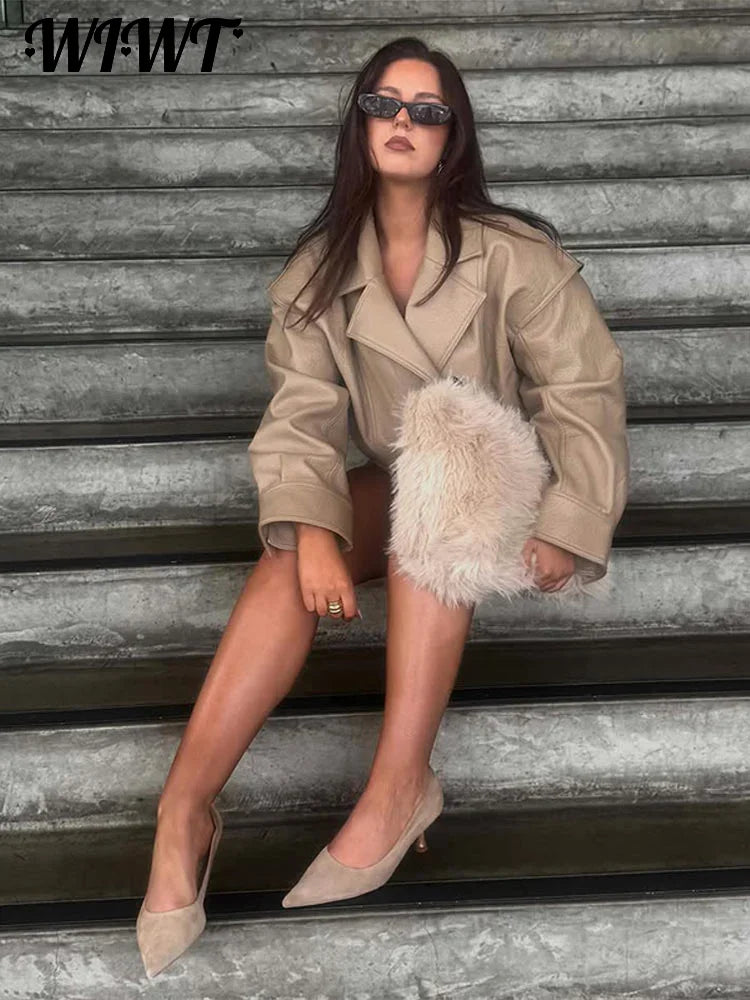 High Street Leather Jackets Women's Casual Double-breasted Turn Down Collar Loose Coats Elastic Waist 2026 Autumn New Outwear