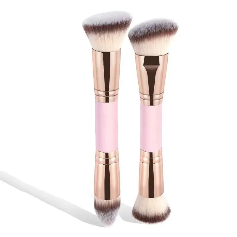 2PCS Dual-Ended Makeup Brush - Angled Contour & Flat Head Foundation Brush for Cream, Liquid Foundation, Seamless Blending
