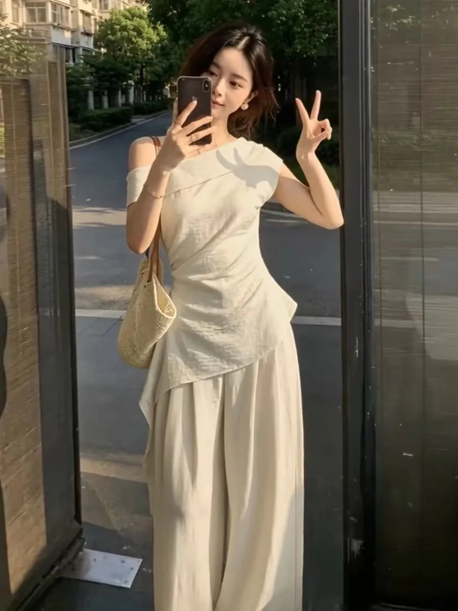 Summer Fashion Set Women's Side Shoulder Short Sleeve T-Shirt And Wide Leg Pants Two-Piece Suit Elegant And Stylish OOTD