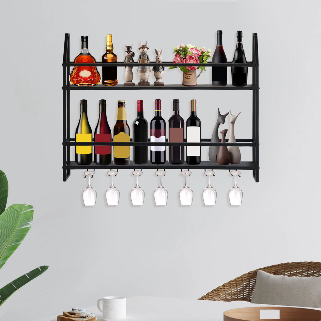 Wall Mounted Wine Rack Glass Holder 12 Bottles 7 Goblet Metal Shelf 2 Layer for Home Bar, 80cm Black